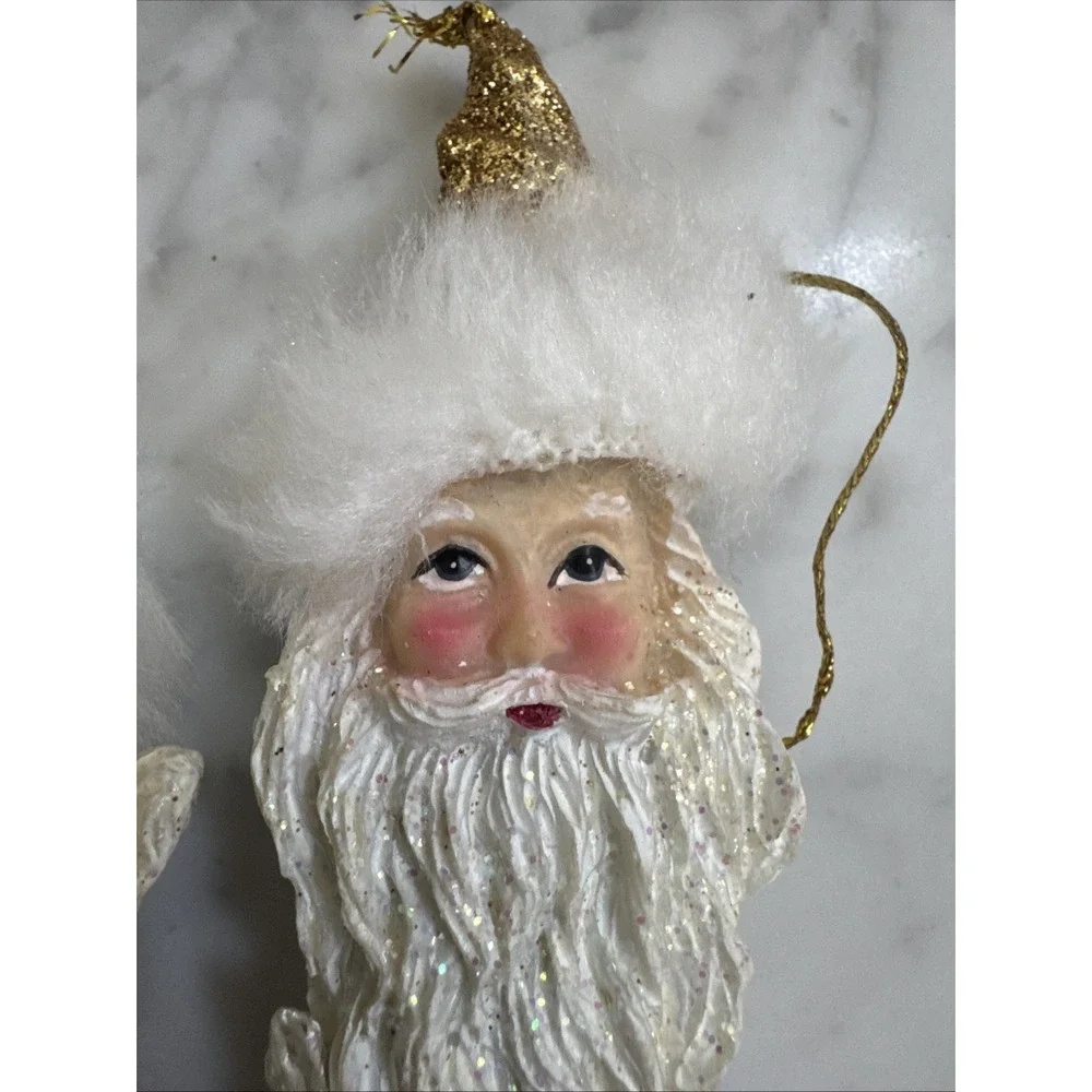 White Glitter Santa Claus Icicle Ornaments Gold Accents Faux Fur Trim Set of 2 - Picture 3 of 8